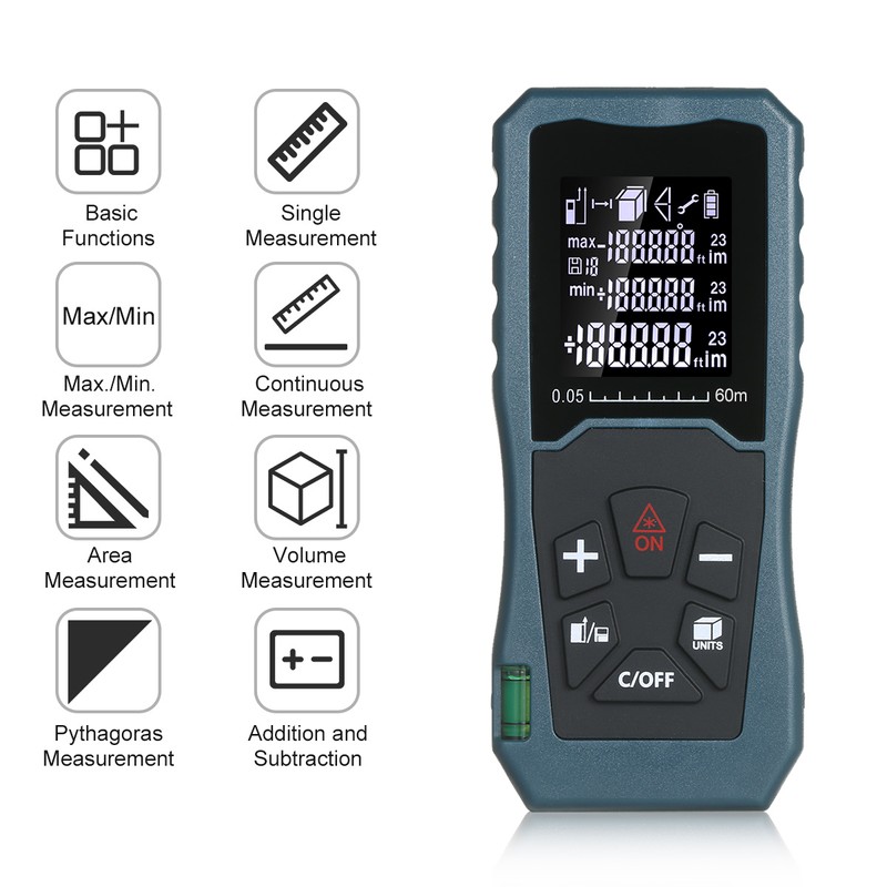 Laser Distance Meter Handheld 1.6-inch LCD Diastimeter Bubble Level Pythagorean