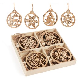 Anstore 12 Pcs Christmas Wood Ornaments Round Wooden slices Cutout, Snowflake Christmas Tree Snowman Shape Wooden Hanging Ornaments for Christmas Embellishments, DIY Crafts