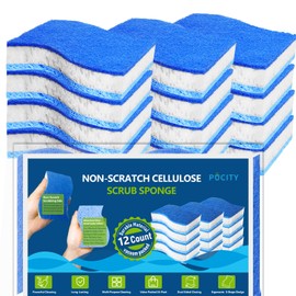 PUCITY Blue Wood Pulp Sponges 12Pack Non-Scratch Cellulose Scrub Sponge, Dual-Sided Dishwashing Sponge for Kitchen