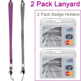 YOUOWO 2 Pack Horizontal Clear ID Badge Holders with Office Neck Lanyards with Clip,Purple Grey Lanyard with Heavy Duty id Holder,PVC Name Tag Card Holder,Waterproof Resealable