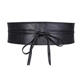 Liitata Women PU Leather Obi Belt Fashion Self Tie Wrap Cinch Belt Vintage Bowknot Waistband Belts for Dress Sweater Coat - Black