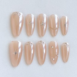 GLORS Almond Press-On Nails, Nude with Crystal Rhinestones and Star Design, Handmade False Nail 10 Pieces (M, Almond)
