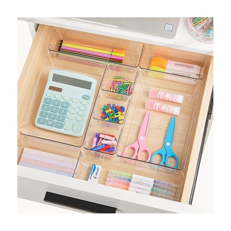 25 Piece Clear Plastic Drawer Organizers Set, 4-Size Modular Stackable