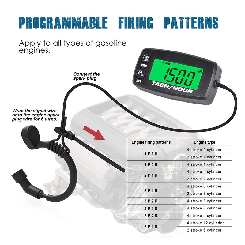 LCD Backlit Gauge Resettable Inductive Tachometer Hour Meter for 2/4