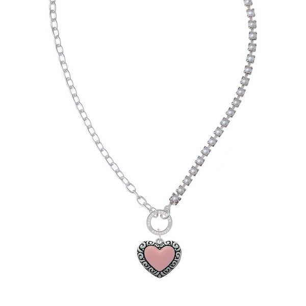 Delight Jewelry Silvertone Large Pink Enamel Heart with Swirl Border