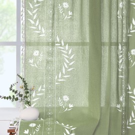 Schweek Sage Green Curtains for Living Room 96 Inches Long Linen Floral Boho Curtains Vintage Patterned Window Curtain 2 Panel Sets,Light Green