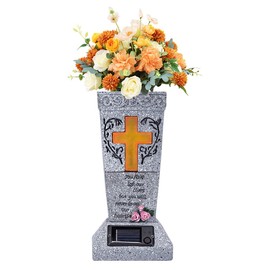 JOAASU Solar Memorial Cemetery Flower Vase, Solar Cemetery Grave Vase with LED and Spikes, Grave Flower Pots with Cross, Gravestone Decorations Memorial Present for Loss of Loved (Grey)