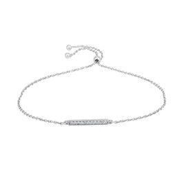 Vanbelle Sterling Silver Jewelry - Rhodium Plated with 925 Stamp - Studded Adjustable Bar Bracelet with Cubic Zirconia Stone - Beautifully Handcrafted for Women - 10.5" Long