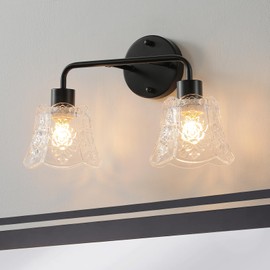 vivihobb Black Bathroom Light Fixture,2 Light Vintage Vanity Light with Embossed Flower Clear Glass Shade,Bathroom Lighting Over Mirror