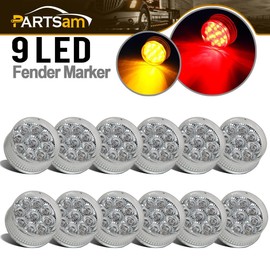 Partsam 12Pcs 2" Round Trailer Led Side Marker and Clearance Lights 9 Diodes with Reflectors Clear Lens Sealed Faceted 2 Inch Round LED Trailer Truck Led Marker Light Lamps Waterproof (6Amber + 6Red)
