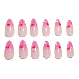Press on Nails Hearts Light Pink 24Pcs Valentine's day Glossy Full Cover Almond Pink Fake Nails with Red Heart Designs Acrylic Medium False Nails with Glue Stick on Fingernails for Women Girls