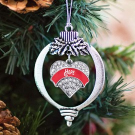 Inspired Silver - Red Hope Charm Ornament - Silver Pave Heart Charm Holiday Ornaments with Cubic Zirconia Jewelry