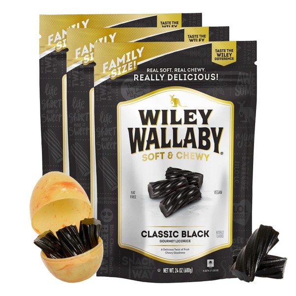 Wiley Wallaby Licorice 24 Ounce Classic Gourmet Soft & Chewy Australian Black Licorice Candy Twists, Easter Candy Basket Stuffers, 3 Pack
