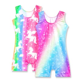 Nymphperi Girls Gymnastics Leotard Size 6-7 Years Old Sparkly Rainbow Biketard with Shorts Shiny Unicorn Unitards 2 Pack