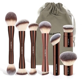 MAANGE 7pcs Makeup Brush Set Double Sided Kabuki Makeup Brushes Contour Brush for Foundation Liquid Powder Concealer Cream Cosmetics Bronzer Blending Blush Buffing Makeup Tools (Coffee)