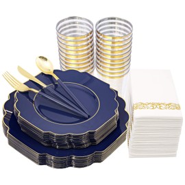 Nervure 140PCS Blue Plastic Plates & Gold Plastic Silverware with Blue Handle - Gold Plates Include: 40Plates, 20Forks, 20Knives, 20Spoons, 20Cups, 20Napkins Perfect for Party & Father's Day