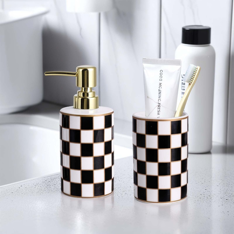 Bathroom Toothbrush Holder Set, Ceramic Checkered Soap Dispenser and Tooth