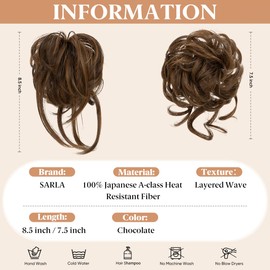 SARLA 2PCS Messy Bun Hair Pieces for Women Detachable Claw Clip Wavy Curly Synthetic Hairpieces for Updos with Tendrils Fake Scrunchies Ponytail Extension Chocolate
