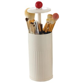 BlayaAdd Makeup Brush Holder with Lid, Automatic Lifting Makeup Brush Organizer, Waterproof Dustproof Travel Makeup Brush Cup for Vanity Countertop (Cream)