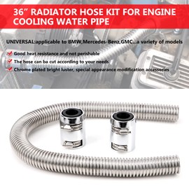 iRKY 36" Stainless Steel Radiator Hose Flexible Universal Water Hoses Adapter Coolant Radiator Hose Kit With 2Pcs Chrome Caps Silver