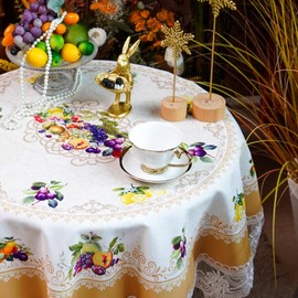 SUTAVIA Lemon Yellow Tablecloth Fruit Decor White Lace Farmhouse Tablecloths Waterproof Tablecloth Decoration for Home Picnic Kitchen Dining Room Holiday Party Outdoor(Yellow, 45" Round)