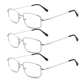 EYE ZOOM 3 Pack Extra Wide Rectangular Metal Reading Glasses for Men and Women (Silver, +3.00)