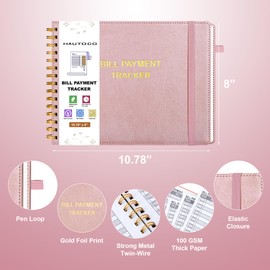 HAUTOCO Hardcover Bill Tracker Notebook Horizontal Monthly Bill Payment Organizer for Personal Budgeting Home Finance with 2 Storage Pocket Expense Checklist Tracking Planner 10.78 x 8'', Rose Gold