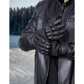 KEMIMOTO Winter Leather Motorcycle Gloves for Men, Gauntlet Warm Gloves with Knuckle Protection Touchscreen for Motorcycle Motobike Riding ATV UTV Black