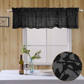 OVZME Black Valances for Windows 14 Inch Length 2 Panels, Dual Rod Pocket Light Filtering Valances for Kitchen Cafe, Soft Airy Short Sheer Curtains with Leaf Bird Jacquard Clip Design, 2x38Wx14L