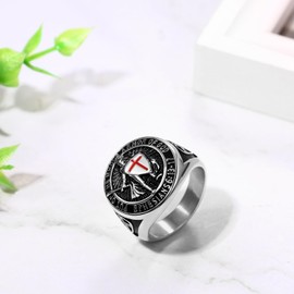 Knight Templar Cross Ring for Men: Stainless Steel Put On The Whole Armor of God Red Cross Amulet Signet Rings Band Jewelry Gifts, Size 8-13, Metal, No Gemstone