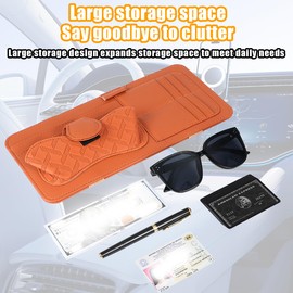 Sandfren Car Sun Visor Organizer, Leather Multi Pocket Vehicle Visor Storage Pouch for Sunglasses Card License, Multifunctional Auto Interior Organization Accessories, Universal Fit (Brown)