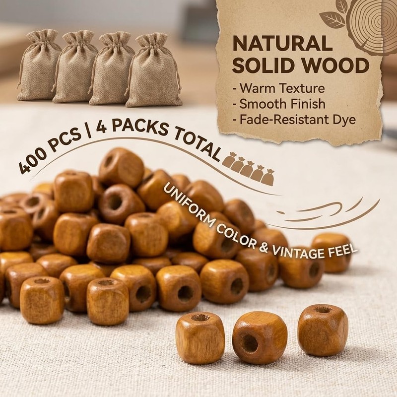 400PCS Brown Square Wooden Beads, 6mm Cube Beads Bulk for
