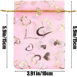 CCINEE 100pcs Heart Organza Gift Bags,4x6 Inch Pink Drawstring Jewelry Pouch Bag for Valentine's Day Wedding Party Favor