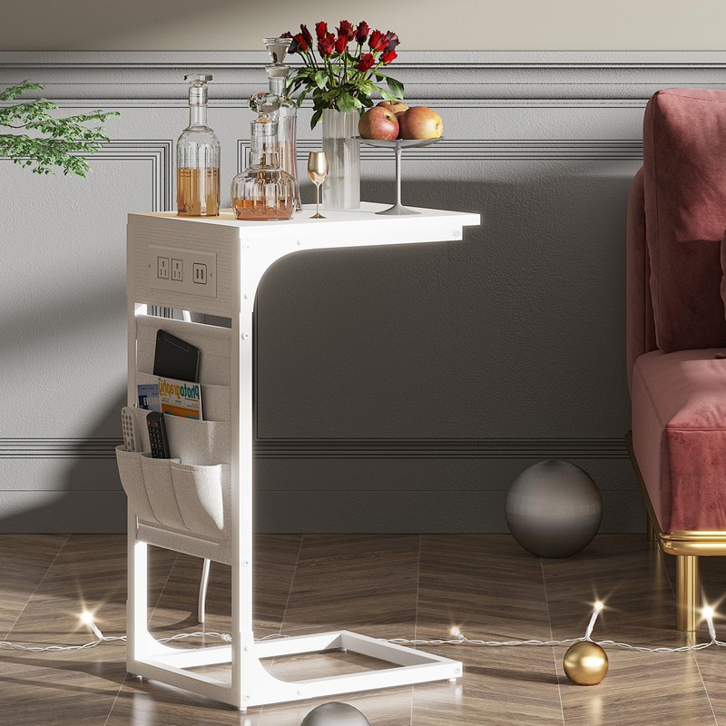 TUTOTAK C Shaped End Table with Charging Station, Side Table