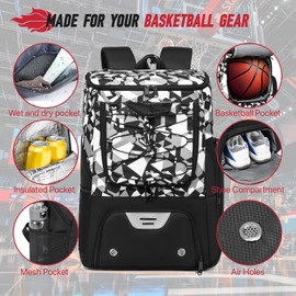 Basketball Backpack, Basketball Bag with Separate Ball Holder & Shoes Compartment Water Resistant Sports Bag Basketball Equipment Bags Fit Volleyball, Soccer, Swim, Gym, Travel, Black, White