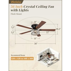 56 Inch Low Profile Chandelier Ceiling Fan with Light, Crystal Ceiling fan with Lights, 6-Speeds, Quiet Reversible DC Motor, Black Flush Mount Ceiling Fans with Remote for Bedroom, Living Room