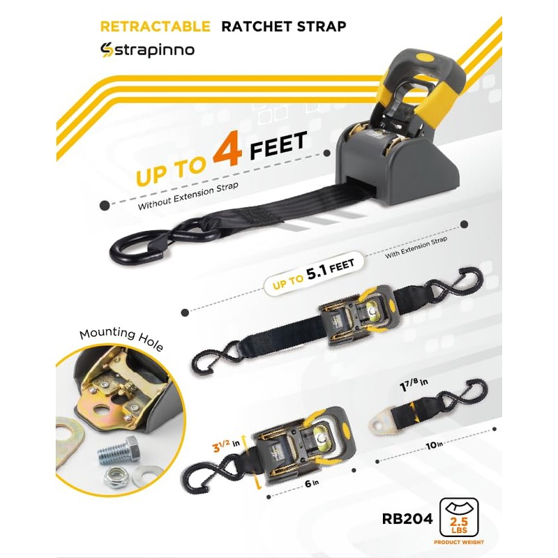 Strapinno 2PCS Retractable Ratchet Straps (1 7/8 in x 4