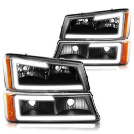PM PERFORMOTOR [4Pcs-Set] LED DRL Headlights+Bumper Lamps Compatible with 03-07 Chevy Silverado Avalanche,Black Housing/Amber Corner
