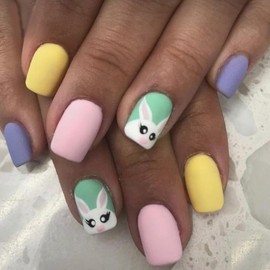 Easter Press on Nails Colorful Matte Fake Nails Short Square Easter Glue on Nails with Cute Rabbit Designs Glossy False Nail Tips Full Cover Artificial Nails Cute Stick on Nails for Women 24Pcs