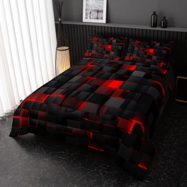 Nttopship Neon Red Black Comforter Set Queen Geometric Kids Bedding Set,3 PCS Geometry Honeycomb Bed Set Modern Quilt Set 1 Comforter 2 Pillow Cases Cool Room Decor All Season B-Side Black