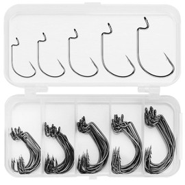 100 PCS /5 Sizes Fishing Hooks, Barbed Hooks Fishing,Circle Hooks Fishing, Eyed Fishing Hooks in High Carbon Steel with Plastic for carp, bass, salmon, sunfish, catfish