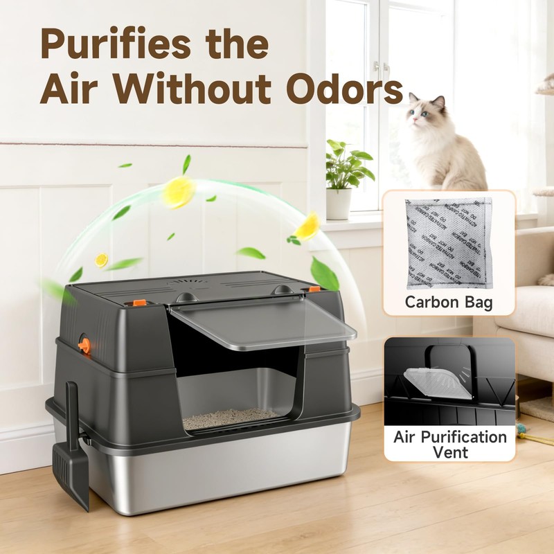 KISENG Stainless Steel Litter Box with Lid, High Sided Enclosed