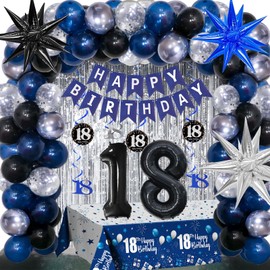 18th Birthday Decorations for Boys Men Girls Dark Blue, HAPPY BIRTHDAY Banner Black Number 18 Balloons Tablecloth Foil Backdrop Star Balloons Garland Arch Kit-18 Years Old Birthday Party Supplies