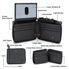 Juzar Tapal Collection RFID Safe Leather Zip Around Bi-fold Chain Wallet for Men's Bikers Trucker YKK Zipper Closer (Black with Chain)