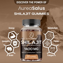 AureaSalus Shilajit Gummies 1400mg, Shilajit Supplement with Chaga and Ashwagandha, Original from Himalayan with Fulvic & Humic Acid and 85+ Minerals, for Energy, Immunity & Focus, Sugar-Free, 120 Gummies