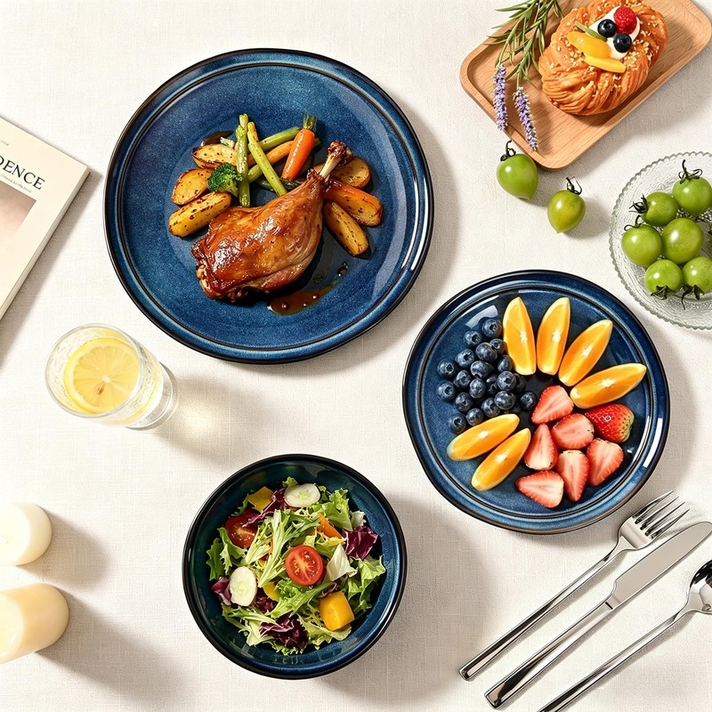 Feastly Plates and Bowls Sets 12 Pieces, Blue Reactive Glaze