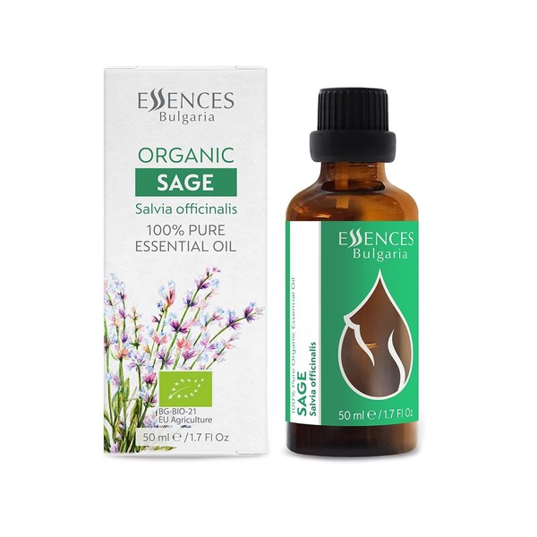 Essences Bulgaria Organic Sage Essential Oil 50 ml | Salvia officinalis | 100% Natural | Undiluted | Organic Certified | Top Quality from Family Business | No Genetic Engineering | Vegan