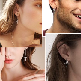 Ankh Earrings for Women Men Silver Asymmetrical Dangle Ankh Cross Earrings Ankh Life Symbol Egyptian Jewelry Amulet Gift form Mom Wife Girlfriend FE0079W