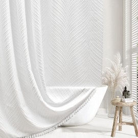 Siiluminisoy White Boho Shower Curtain Woven Fabric Cute Shower Curtain, 72 x 72 Tufted Leaves Textured Striped Modern Farmhouse Minimalist Cloth Shower Curtain for Bathroom