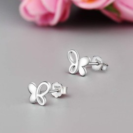 Meixao Mini Earrings 925 Sterling Silver Elegant Small Butterfly Studs Earrings for Women (White)